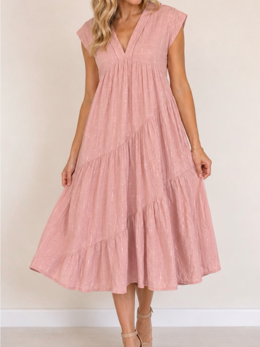 Zara Blush Pink V-Neck Tiered Midi Dress